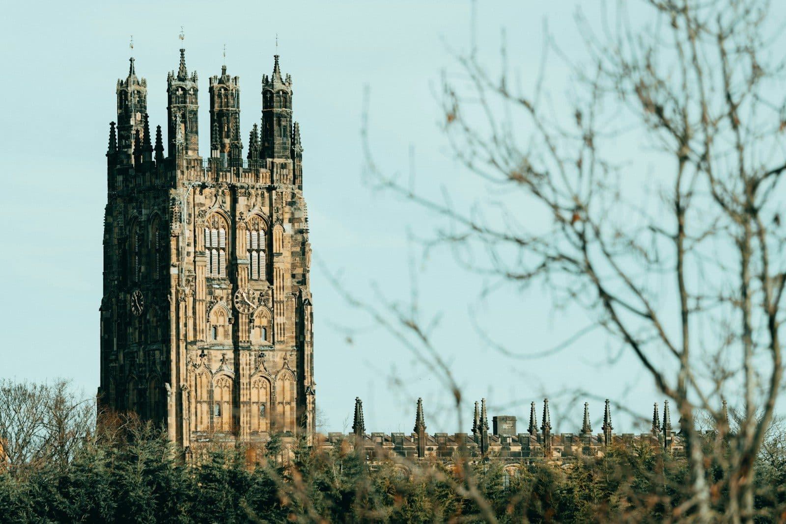 The tower of St Giles' Church in Wrexham against a winter sky